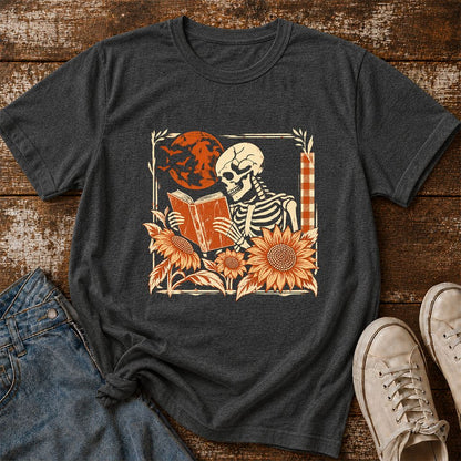 Skeleton Reading Sunflowers Printed T-Shirt | Halloween Book Lover Gift Dark Heather