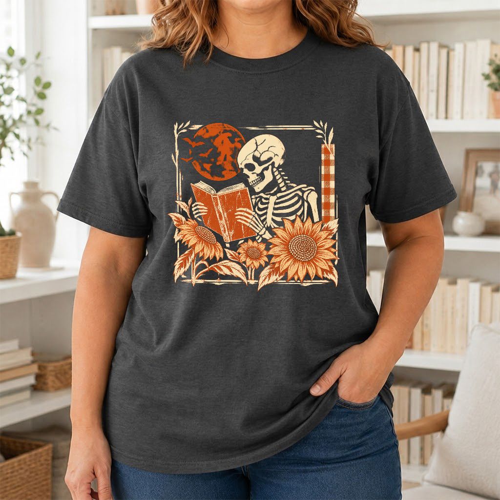 Skeleton Reading Sunflowers Printed T-Shirt | Halloween Book Lover Gift Dark Heather