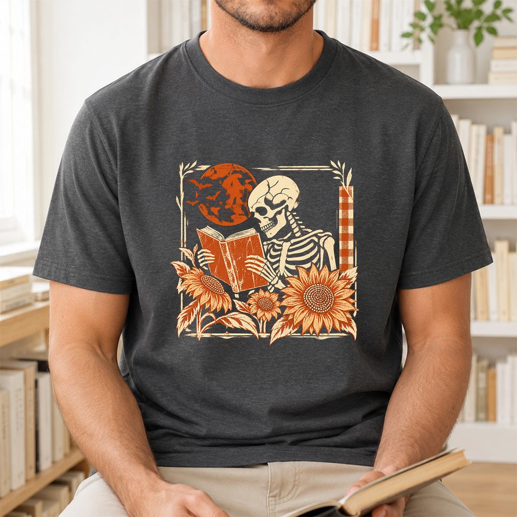 Skeleton Reading Sunflowers Printed T-Shirt | Halloween Book Lover Gift Dark Heather