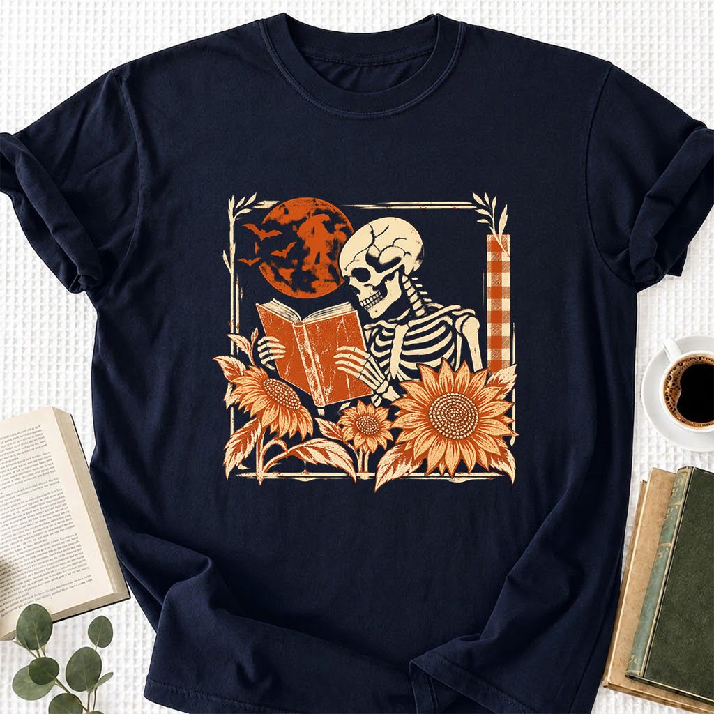 Skeleton Reading Sunflowers Printed T-Shirt | Halloween Book Lover Gift Navy