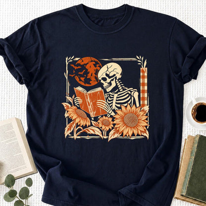 Skeleton Reading Sunflowers Printed T-Shirt | Halloween Book Lover Gift Navy