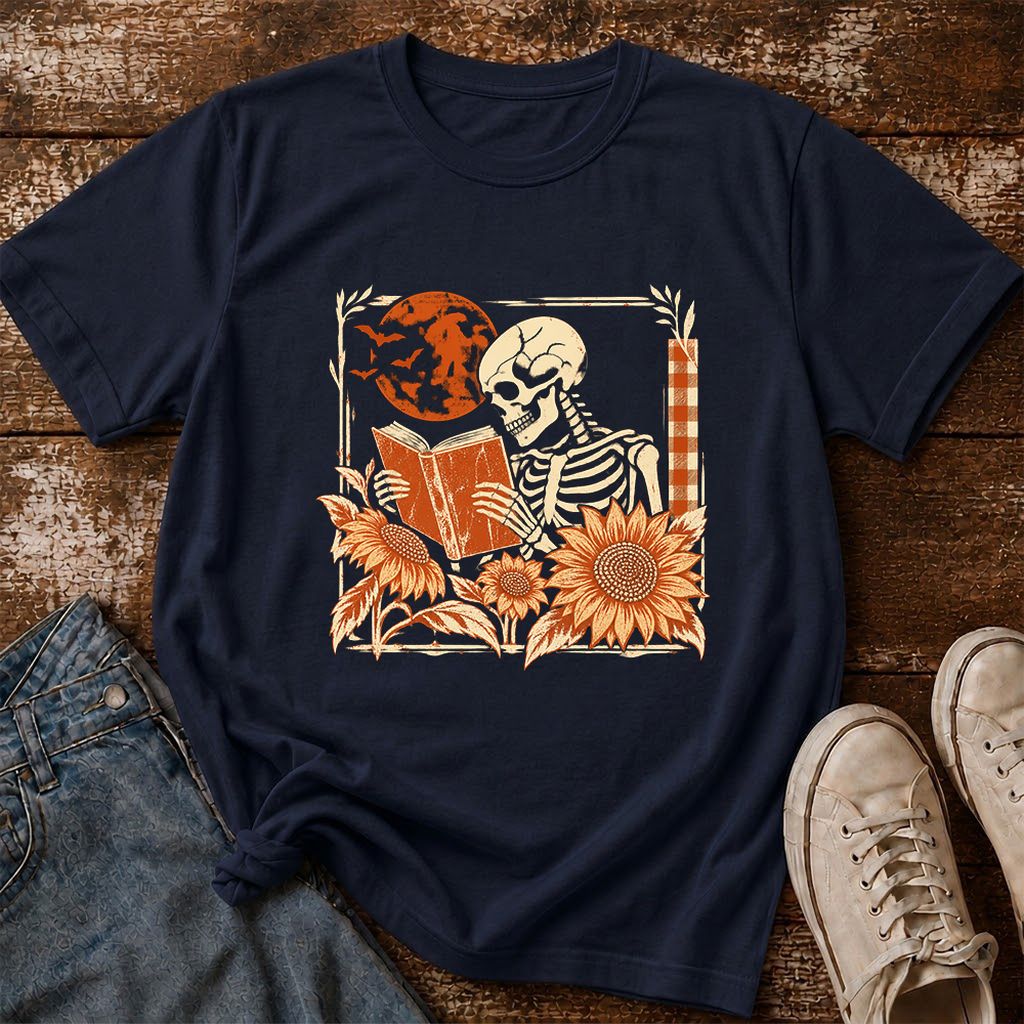 Skeleton Reading Sunflowers Printed T-Shirt | Halloween Book Lover Gift Navy