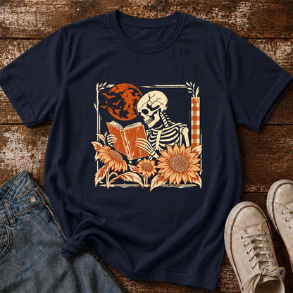 Skeleton Reading Sunflowers Printed T-Shirt | Halloween Book Lover Gift Navy