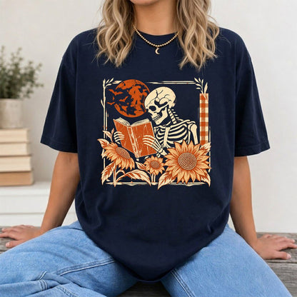 Skeleton Reading Sunflowers Printed T-Shirt | Halloween Book Lover Gift Navy
