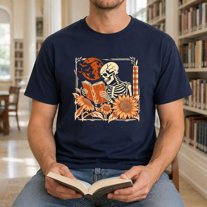Skeleton Reading Sunflowers Printed T-Shirt | Halloween Book Lover Gift Navy