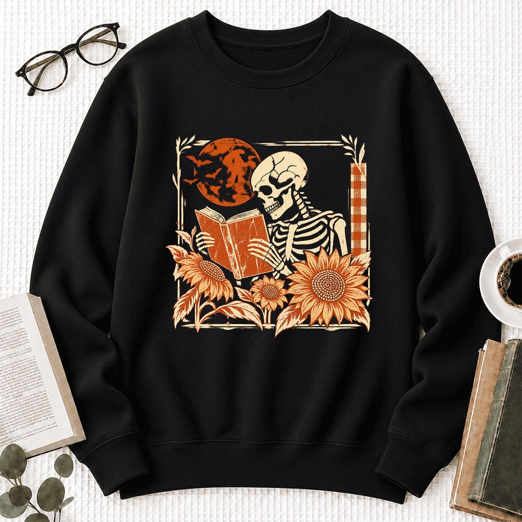 Skeleton Reading Sunflowers Softstyle Sweatshirt | Halloween Book Lover Gift Black