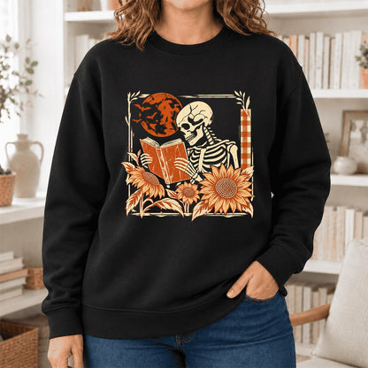 Skeleton Reading Sunflowers Softstyle Sweatshirt | Halloween Book Lover Gift Black
