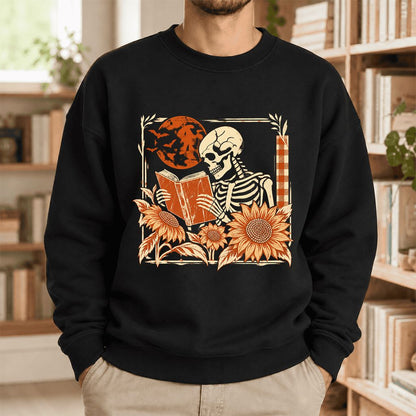 Skeleton Reading Sunflowers Softstyle Sweatshirt | Halloween Book Lover Gift Black
