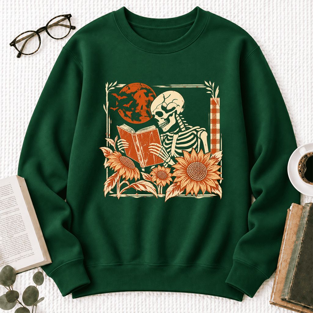 Skeleton Reading Sunflowers Softstyle Sweatshirt | Halloween Book Lover Gift Forest Green