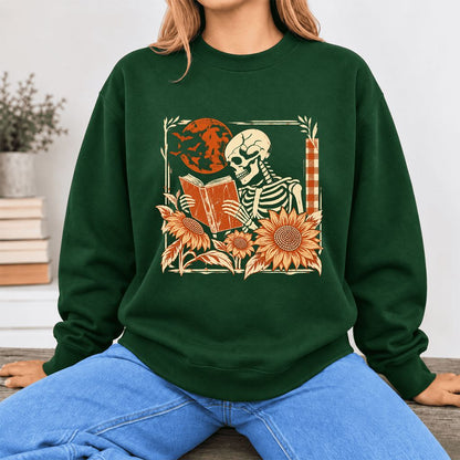Skeleton Reading Sunflowers Softstyle Sweatshirt | Halloween Book Lover Gift Forest Green