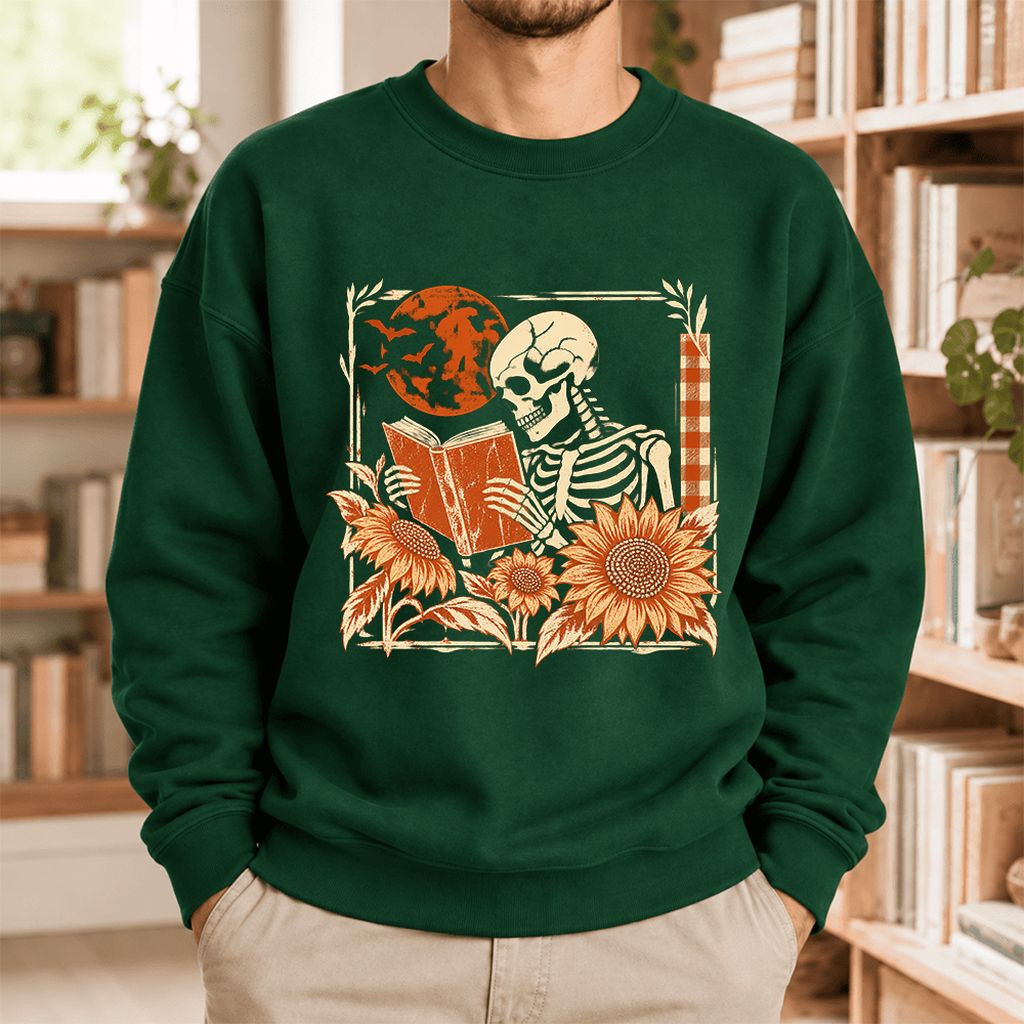 Skeleton Reading Sunflowers Softstyle Sweatshirt | Halloween Book Lover Gift Forest Green