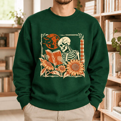 Skeleton Reading Sunflowers Softstyle Sweatshirt | Halloween Book Lover Gift Forest Green