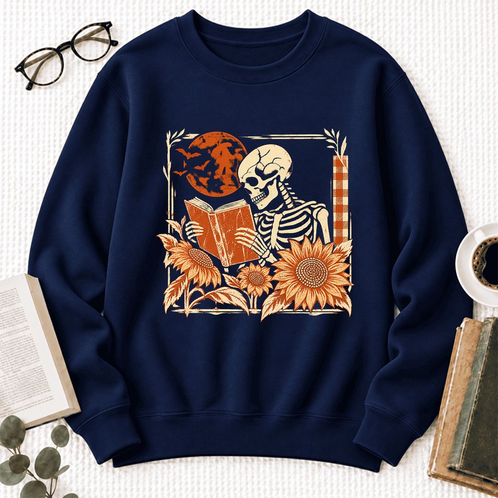 Skeleton Reading Sunflowers Softstyle Sweatshirt | Halloween Book Lover Gift Navy