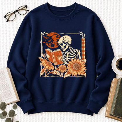 Skeleton Reading Sunflowers Softstyle Sweatshirt | Halloween Book Lover Gift Navy