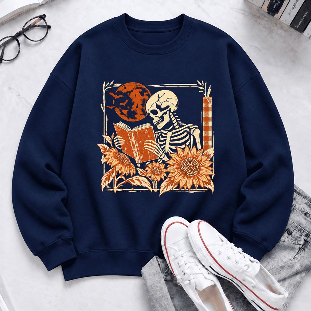 Skeleton Reading Sunflowers Softstyle Sweatshirt | Halloween Book Lover Gift Navy