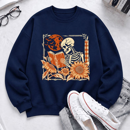 Skeleton Reading Sunflowers Softstyle Sweatshirt | Halloween Book Lover Gift Navy