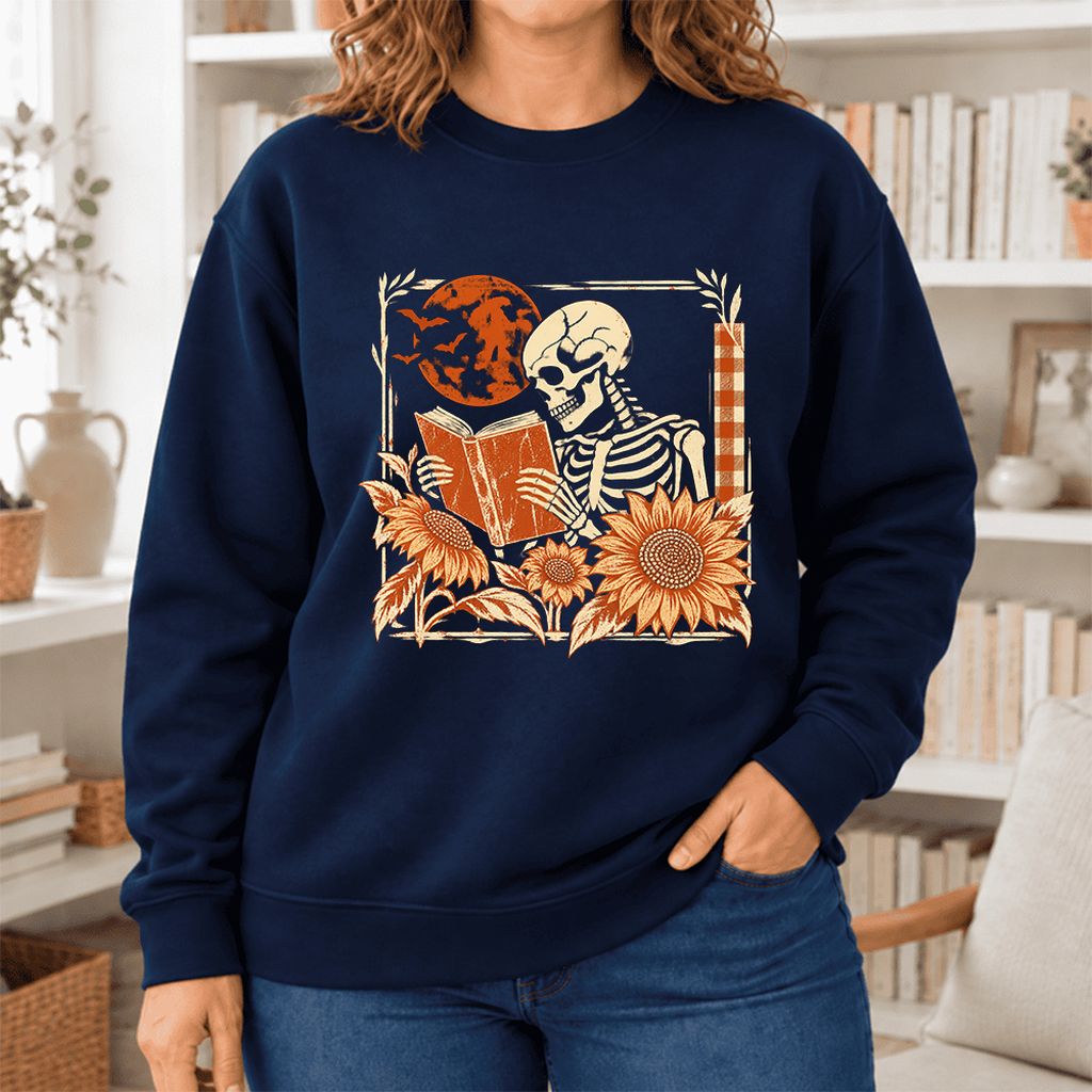Skeleton Reading Sunflowers Softstyle Sweatshirt | Halloween Book Lover Gift Navy
