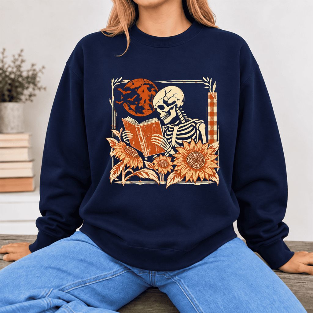 Skeleton Reading Sunflowers Softstyle Sweatshirt | Halloween Book Lover Gift Navy