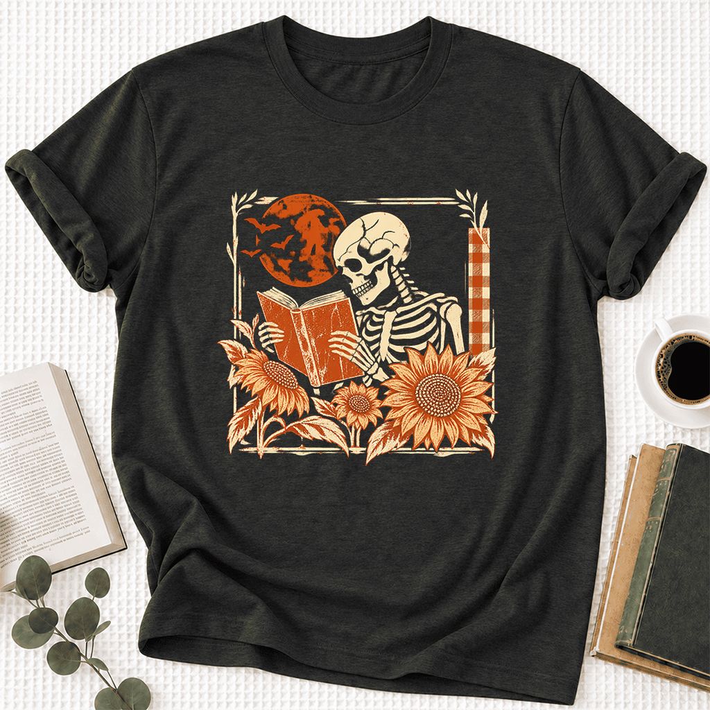 Skeleton Reading Sunflowers Ultra-Soft Cotton T-Shirt | Halloween Reader Gift Black Heather