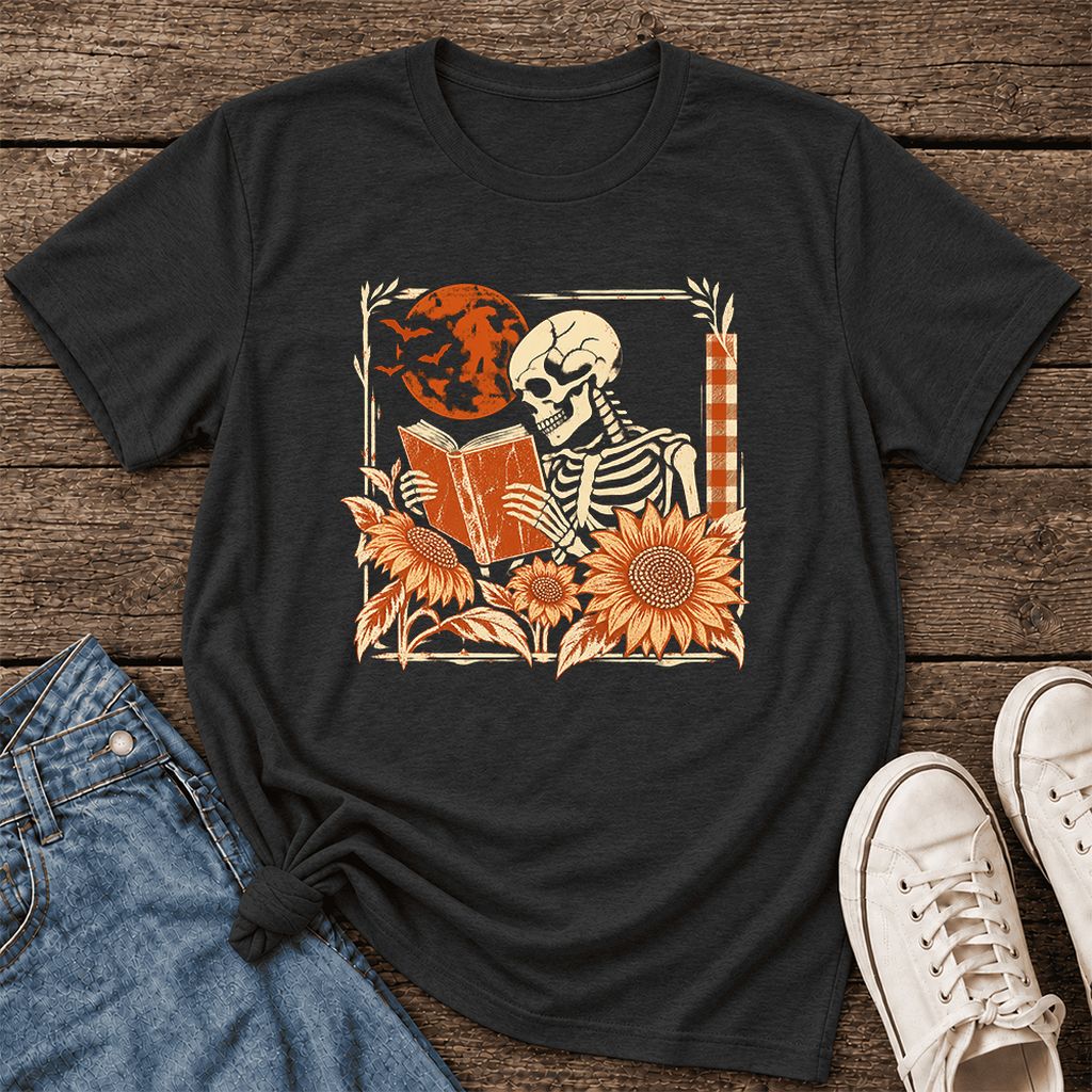 Skeleton Reading Sunflowers Ultra-Soft Cotton T-Shirt | Halloween Reader Gift Black Heather