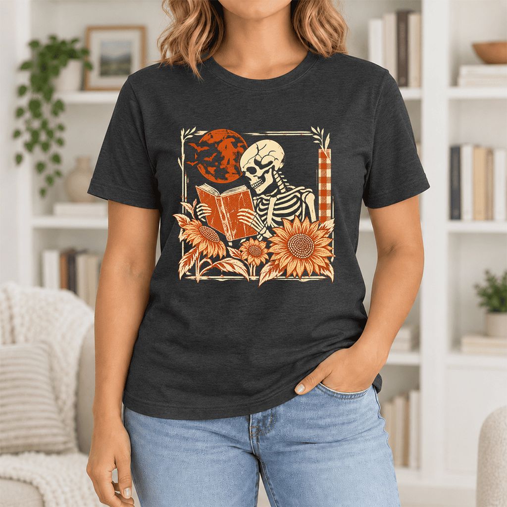 Skeleton Reading Sunflowers Ultra-Soft Cotton T-Shirt | Halloween Reader Gift Black Heather