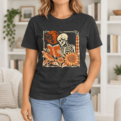Skeleton Reading Sunflowers Ultra-Soft Cotton T-Shirt | Halloween Reader Gift Black Heather