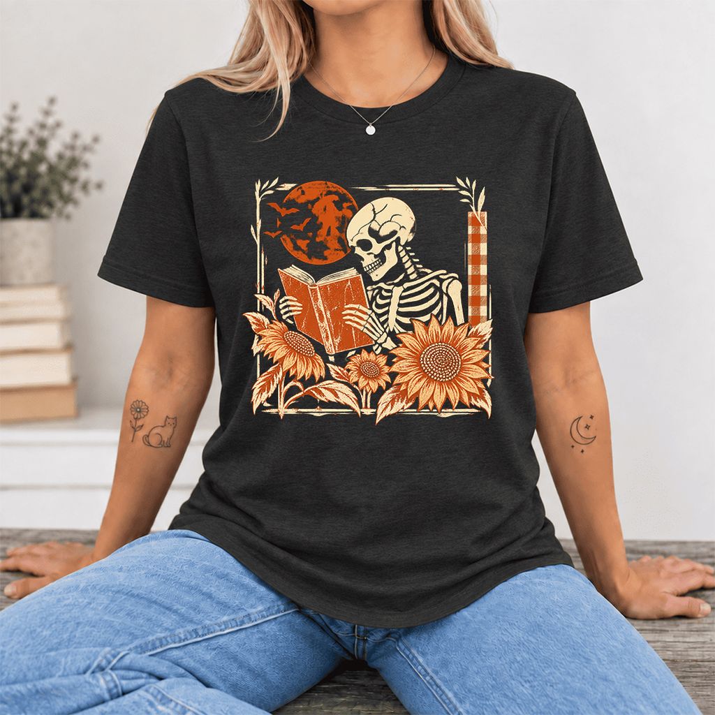 Skeleton Reading Sunflowers Ultra-Soft Cotton T-Shirt | Halloween Reader Gift Black Heather
