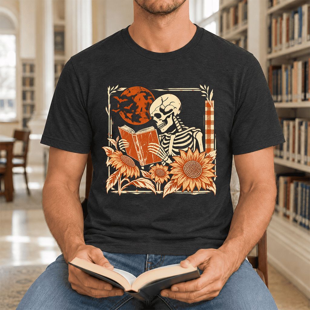 Skeleton Reading Sunflowers Ultra-Soft Cotton T-Shirt | Halloween Reader Gift Black Heather