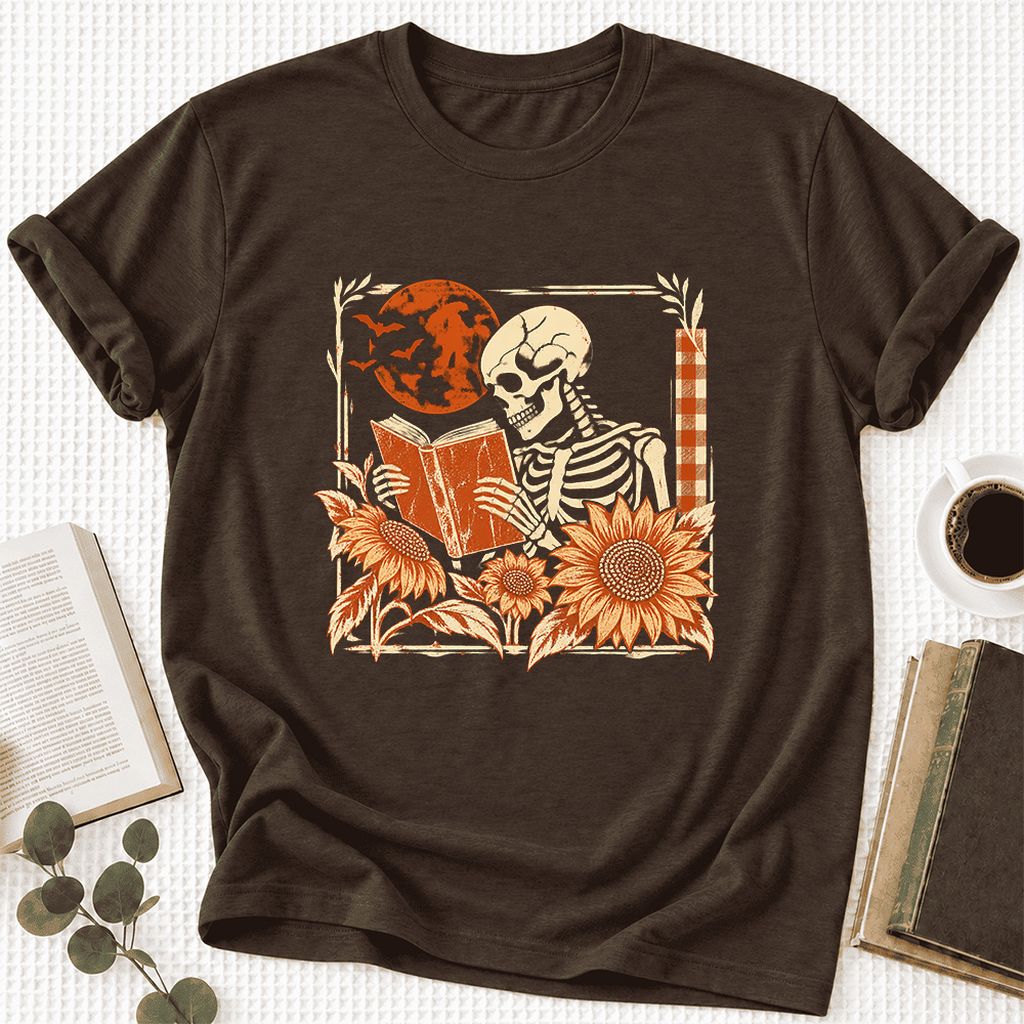 Skeleton Reading Sunflowers Ultra-Soft Cotton T-Shirt | Halloween Reader Gift Brown