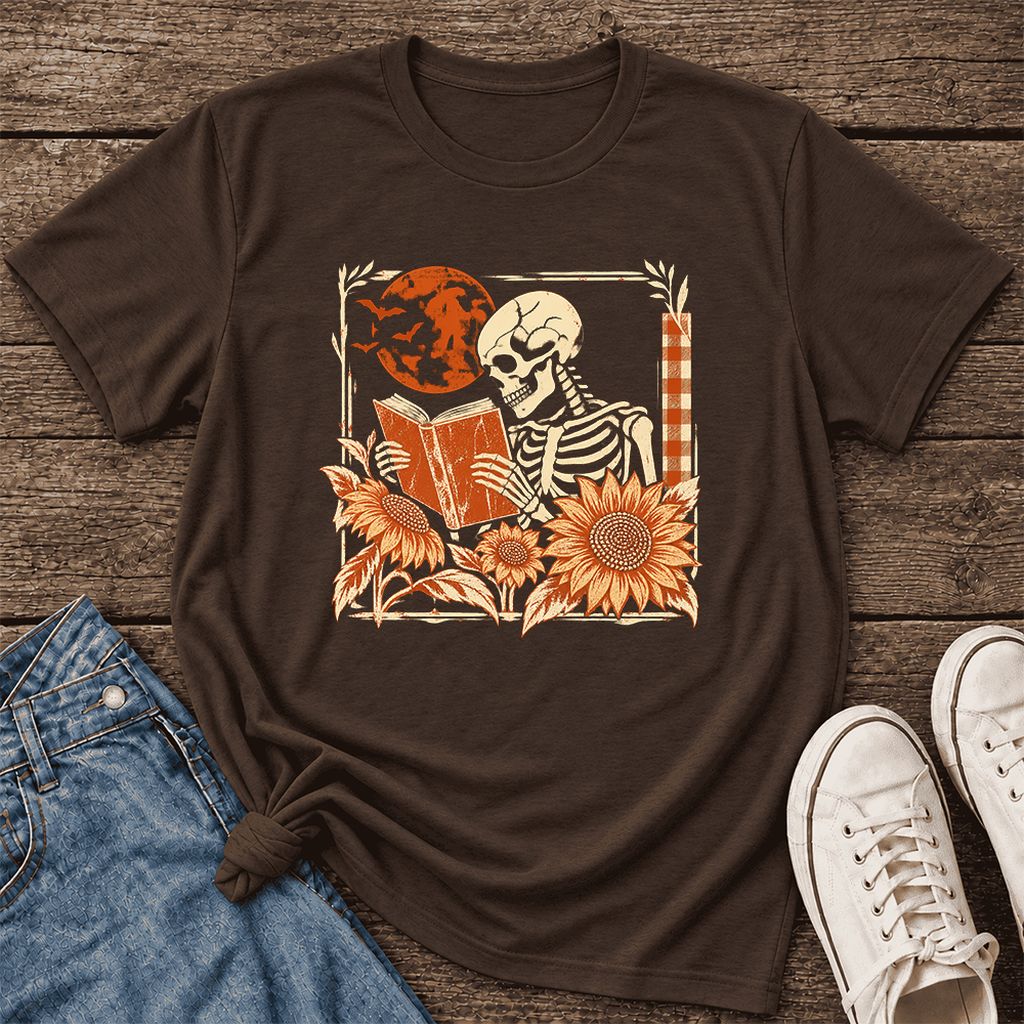 Skeleton Reading Sunflowers Ultra-Soft Cotton T-Shirt | Halloween Reader Gift Brown