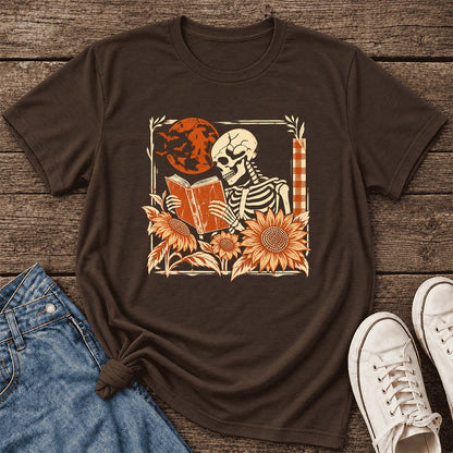 Skeleton Reading Sunflowers Ultra-Soft Cotton T-Shirt | Halloween Reader Gift Brown