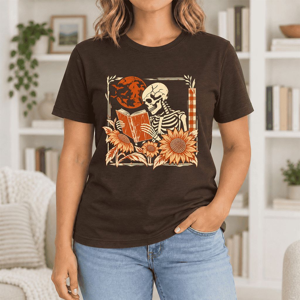 Skeleton Reading Sunflowers Ultra-Soft Cotton T-Shirt | Halloween Reader Gift Brown