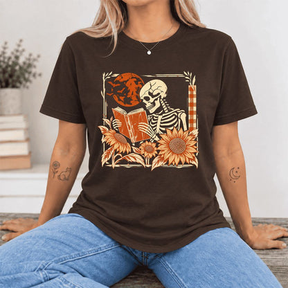 Skeleton Reading Sunflowers Ultra-Soft Cotton T-Shirt | Halloween Reader Gift Brown
