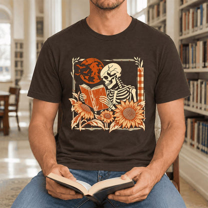 Skeleton Reading Sunflowers Ultra-Soft Cotton T-Shirt | Halloween Reader Gift Brown