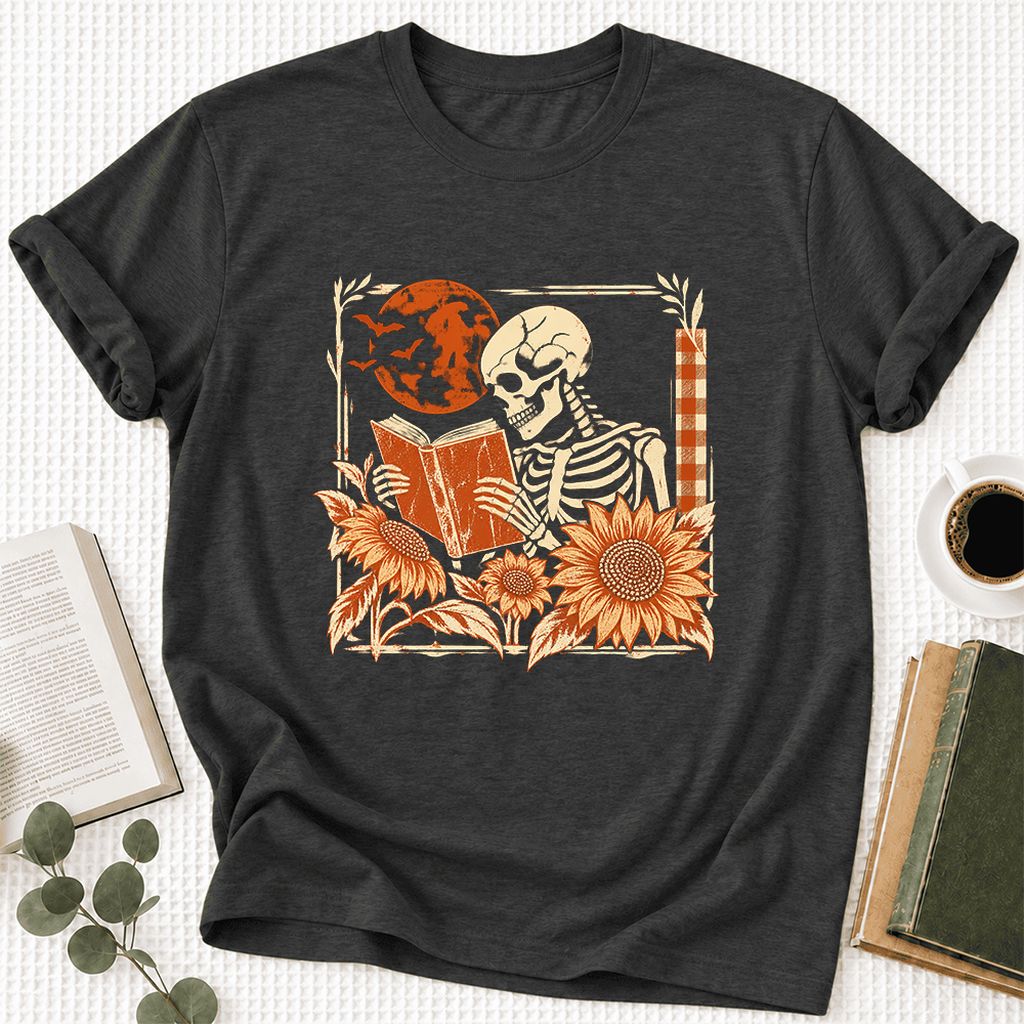 Skeleton Reading Sunflowers Ultra-Soft Cotton T-Shirt | Halloween Reader Gift Dark Grey Heather