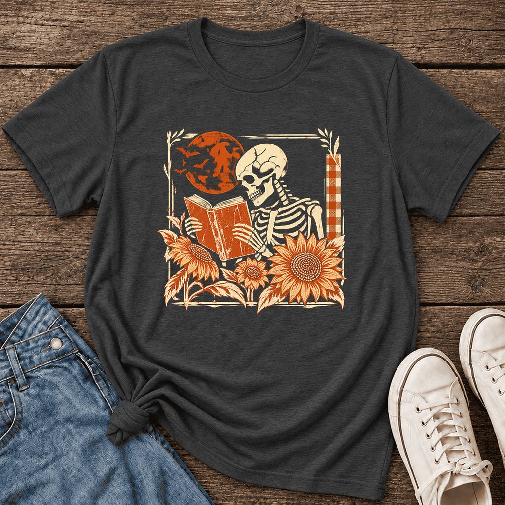 Skeleton Reading Sunflowers Ultra-Soft Cotton T-Shirt | Halloween Reader Gift Dark Grey Heather