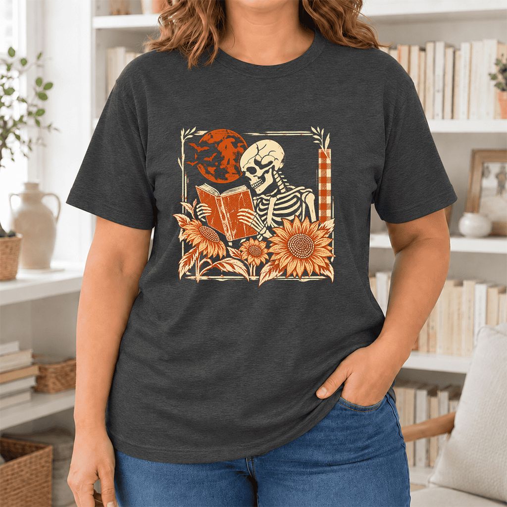 Skeleton Reading Sunflowers Ultra-Soft Cotton T-Shirt | Halloween Reader Gift Dark Grey Heather