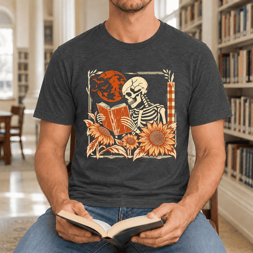 Skeleton Reading Sunflowers Ultra-Soft Cotton T-Shirt | Halloween Reader Gift Dark Grey Heather