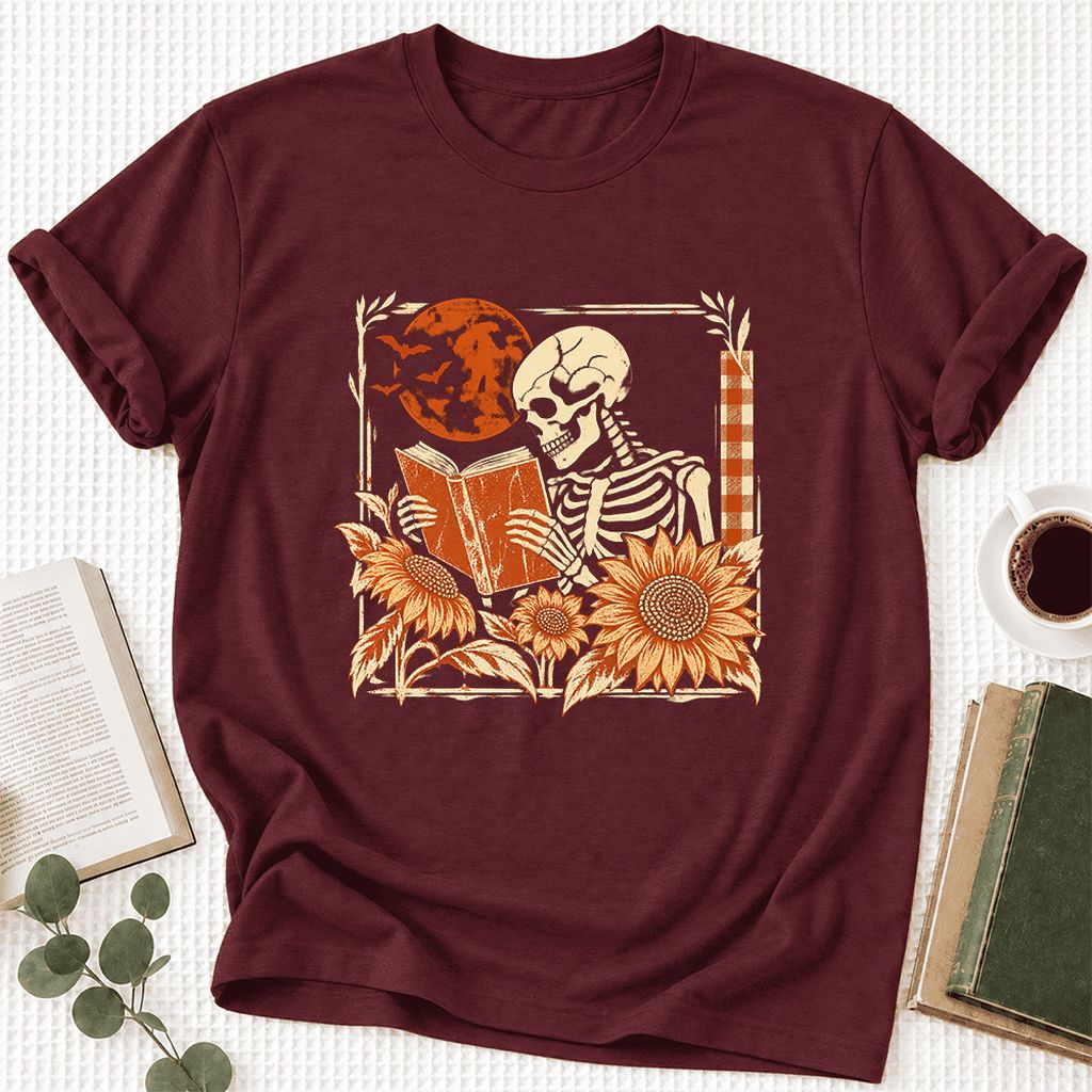 Skeleton Reading Sunflowers Ultra-Soft Cotton T-Shirt | Halloween Reader Gift Maroon