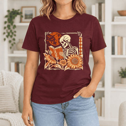 Skeleton Reading Sunflowers Ultra-Soft Cotton T-Shirt | Halloween Reader Gift Maroon