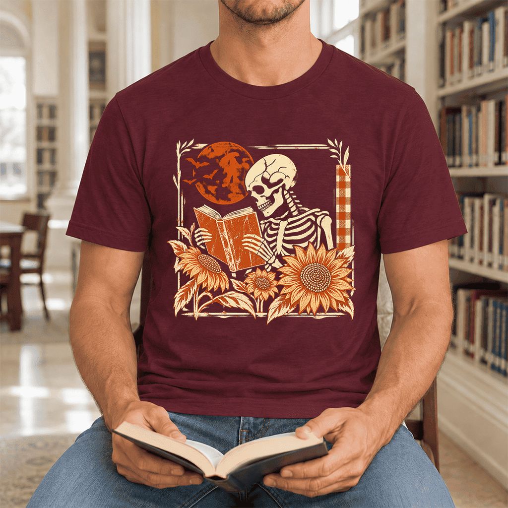 Skeleton Reading Sunflowers Ultra-Soft Cotton T-Shirt | Halloween Reader Gift Maroon
