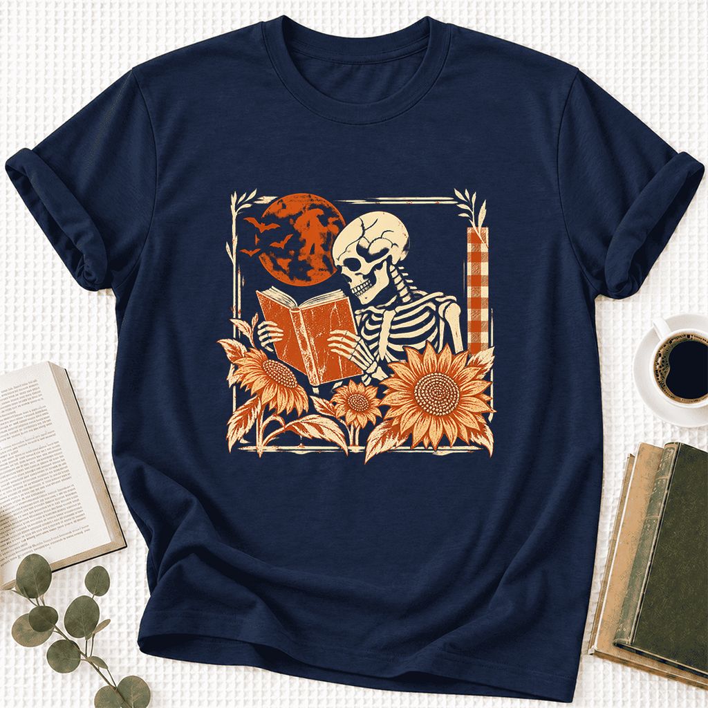 Skeleton Reading Sunflowers Ultra-Soft Cotton T-Shirt | Halloween Reader Gift Navy