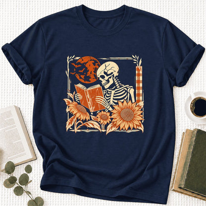 Skeleton Reading Sunflowers Ultra-Soft Cotton T-Shirt | Halloween Reader Gift Navy