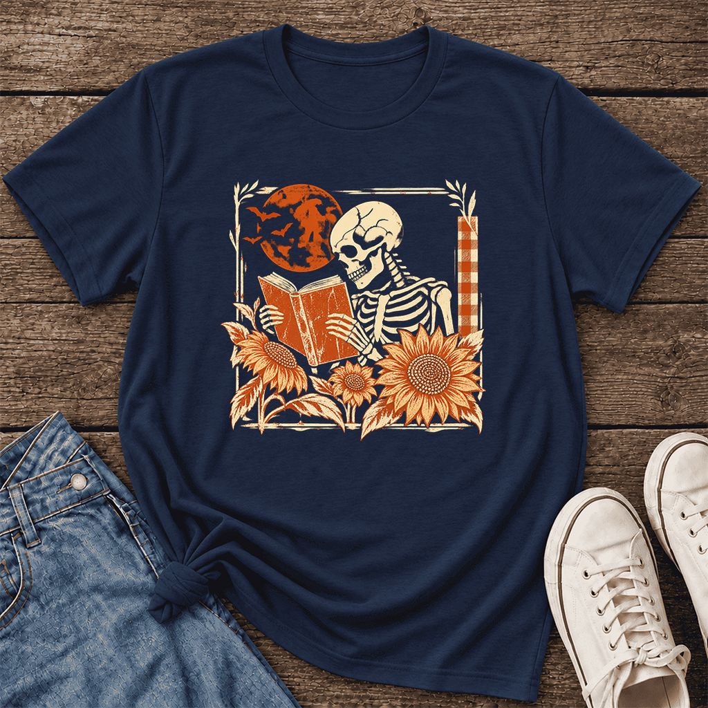 Skeleton Reading Sunflowers Ultra-Soft Cotton T-Shirt | Halloween Reader Gift Navy