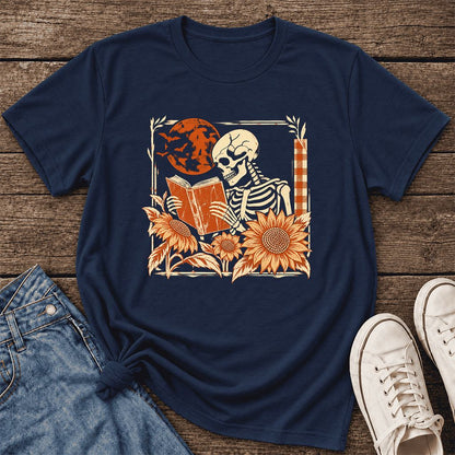 Skeleton Reading Sunflowers Ultra-Soft Cotton T-Shirt | Halloween Reader Gift Navy