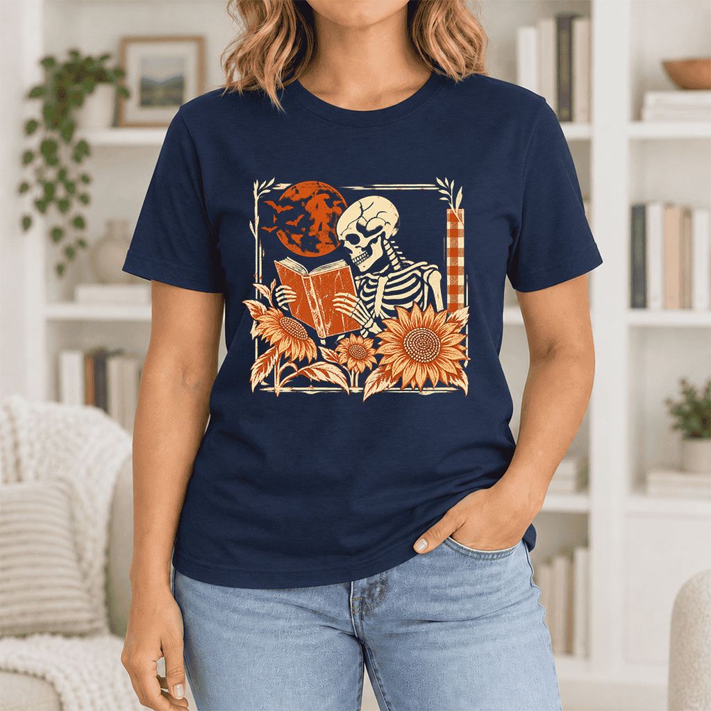 Skeleton Reading Sunflowers Ultra-Soft Cotton T-Shirt | Halloween Reader Gift Navy