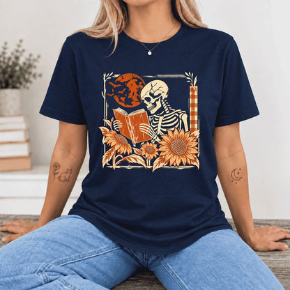 Skeleton Reading Sunflowers Ultra-Soft Cotton T-Shirt | Halloween Reader Gift Navy