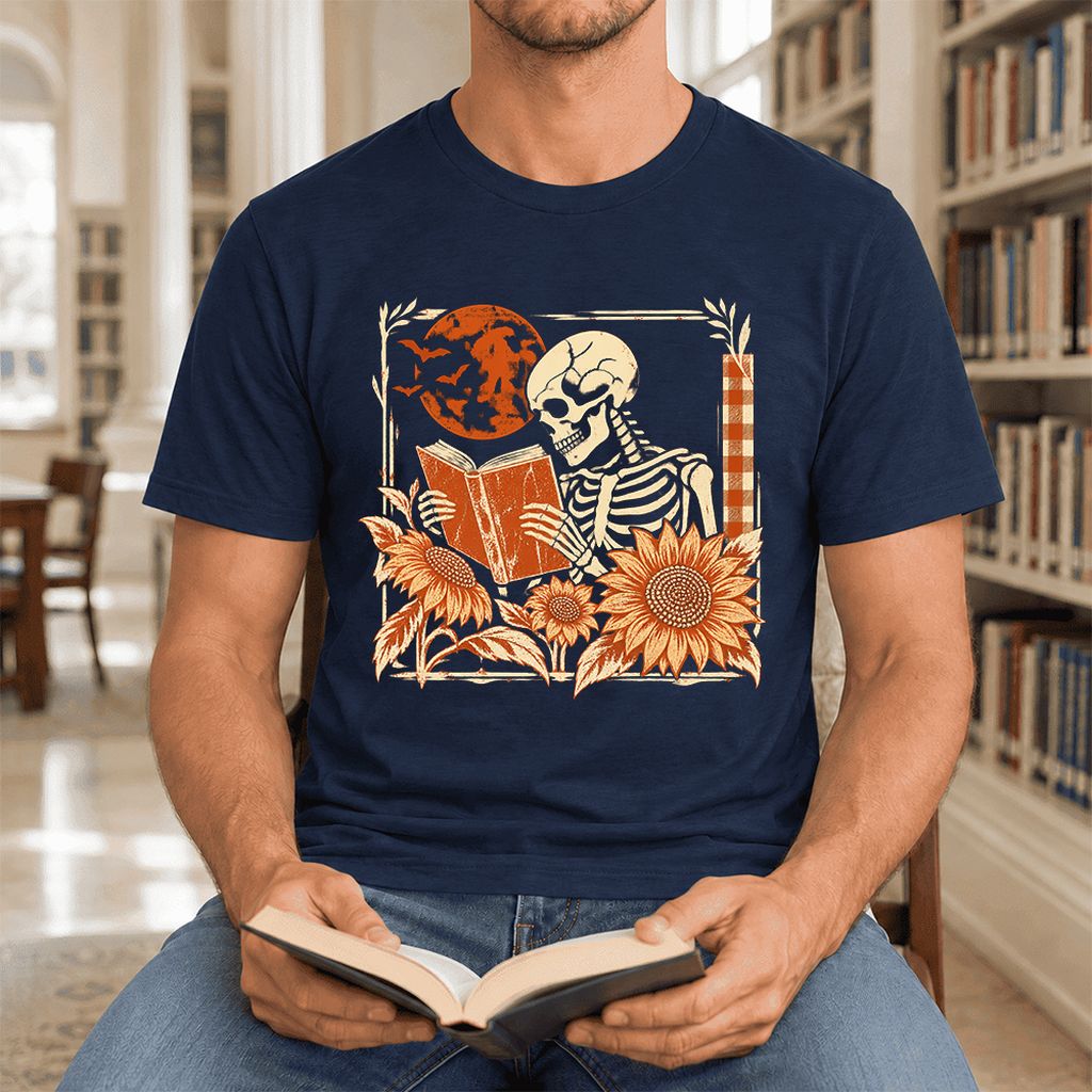 Skeleton Reading Sunflowers Ultra-Soft Cotton T-Shirt | Halloween Reader Gift Navy