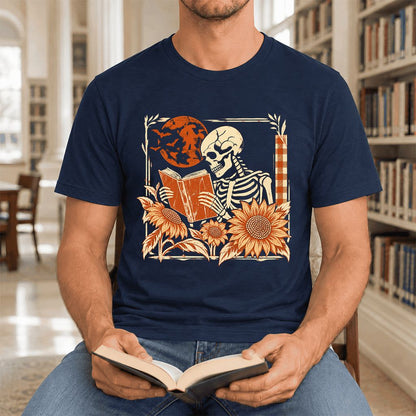 Skeleton Reading Sunflowers Ultra-Soft Cotton T-Shirt | Halloween Reader Gift Navy