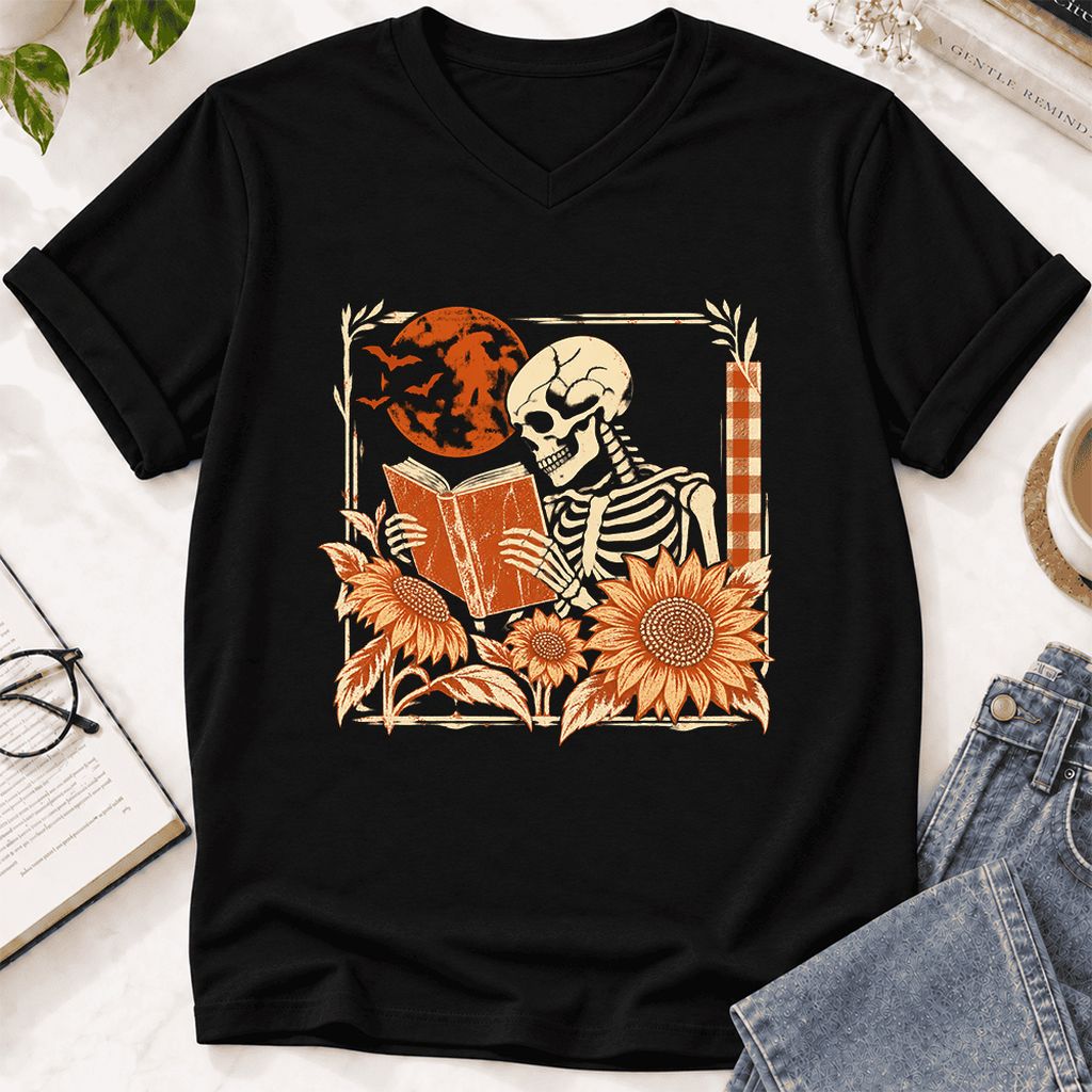 Skeleton Reading Sunflowers Ultra-Soft V-Neck | Halloween Book Lover Gift Black